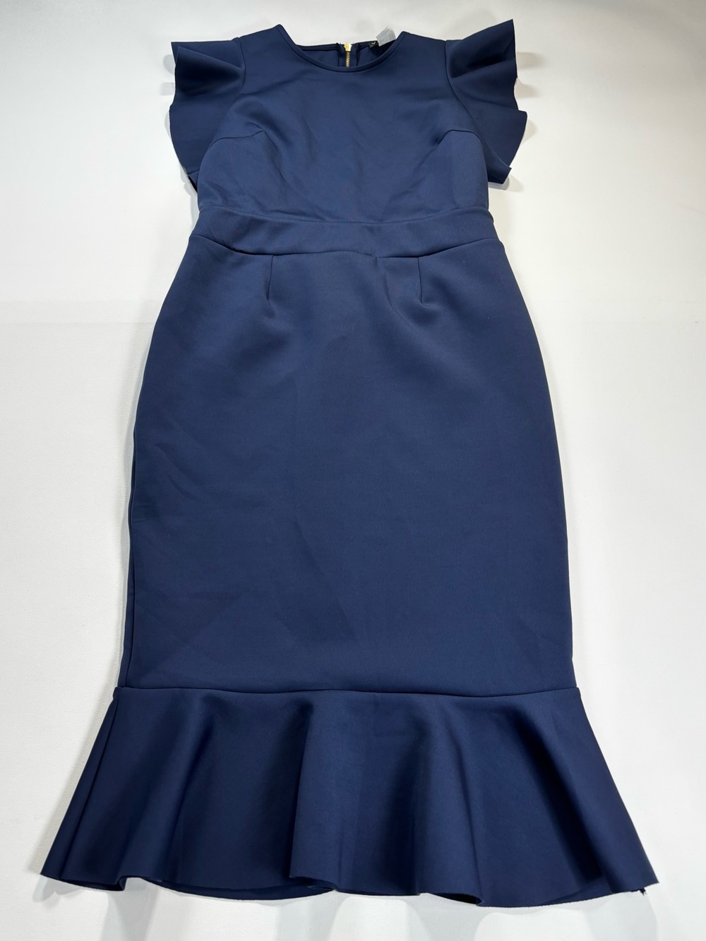 VENUS Navy Flutter-Sleeve Midi Dress with Ruffle Hem